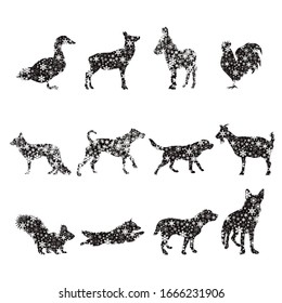 Collection of vector illustration different snowy animals. Symbol of winter and flakes.