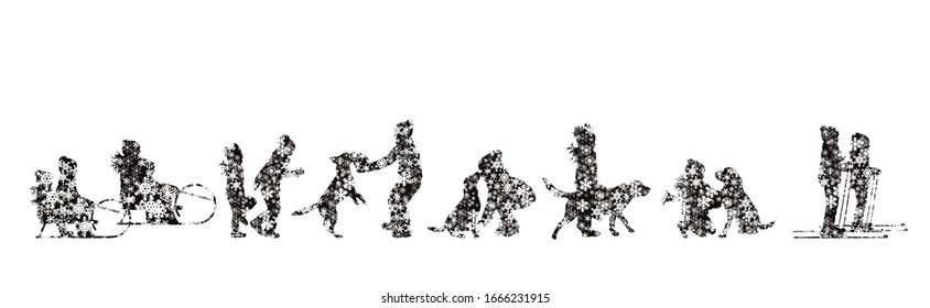 Collection of vector illustration different snowy children with animals. Symbol of winter and flakes.