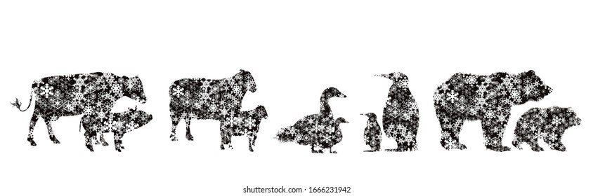 Collection of vector illustration different snowy animals. Symbol of winter and flakes.