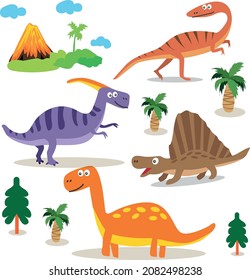 Collection vector illustration of dinosaurs, cartoon style,
Barasaurolophus, Brontosaurus, Dimetrodon
, Coelophysis