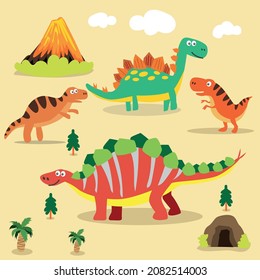 Collection vector illustration of dinosaurs, cartoon style,
Stegosaurus, T-Rex