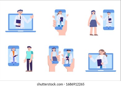 Collection Vector Illustration Flat Style Online Medical Consultation Doctor Meeting Set