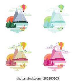 Collection of vector illustration in flat style. Landscape, nature, mountains, balloon, ship, trees