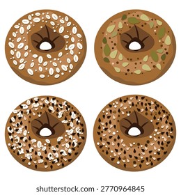 A collection of vector illustration four whole-grain bagels from top view. Each bagel is topped with variety of healthy seeds and grains, including rolled oats, pumpkin seeds, sunflower seeds, and sesame. This design is for bakery menues, healthy, lifestyle blogs, organic food packaging, or nutritional infographics.