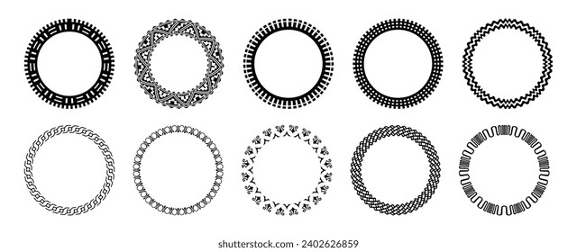 A collection of vector illustration geometric round pattern, abstract texture design, and a bold black-and-white aesthetic suitable for logos, symbols, fabric prints, and framing.