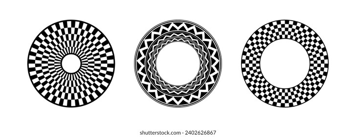 A collection of vector illustration geometric round pattern, abstract texture design, and a bold black-and-white aesthetic suitable for logos, symbols, fabric prints, and framing.