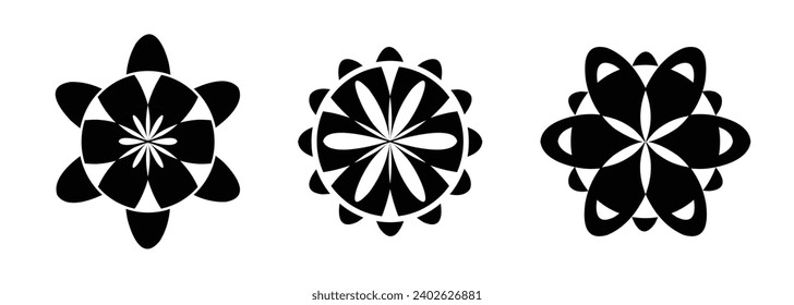 A collection of vector illustration geometric round pattern, abstract texture design, and a bold black-and-white aesthetic suitable for logos, symbols, fabric prints, and framing.