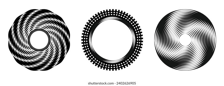 A collection of vector illustration geometric round pattern, abstract texture design, and a bold black-and-white aesthetic suitable for logos, symbols, fabric prints, and framing.