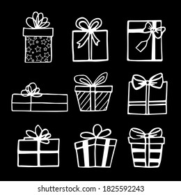 Colección Vector ilustración caja regalo navidad de año nuevo regalar negro sobre fondo blanco aislado conjunto