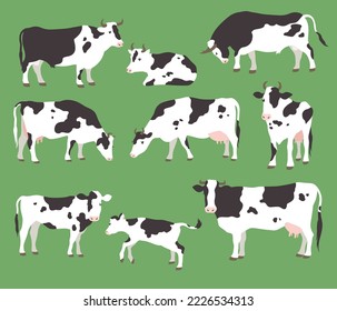 Collection of vector illustration of grazing cows and bulls with calves on green grass