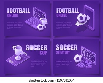 Collection vector illustration isometric soccer field and modern device gadgets. Set concept soccer cup online