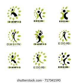 Collection of vector illustration of joyful abstract individual with arms reaching up. Wellness and harmony symbolic icon 