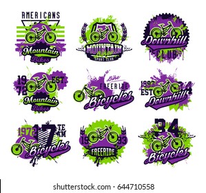 Collection of vector illustration on the theme of mountain biking, extreme sports, downhill, freeride. Grunge effect, text, lettering. Typography, T-shirt graphics, print, banner, poster, flyer.