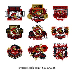 Collection of vector illustration on the theme of a soldier of the Roman army. The head of the gladiator, the helmet of the Romans. Grunge effect, text, lettering. Typography, T-shirt graphics, print.