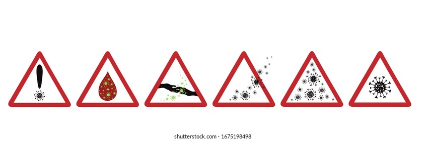 Colección de ilustración vectorial en el signo de advertencia con virus en fondo blanco. Símbolo de prevención y enfermedad.Peligro del coronavirus.
