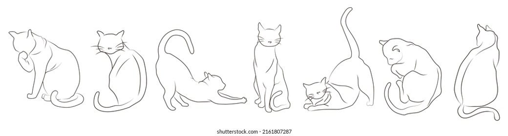 Collection of vector illustration of outline silhouette of cats in different poses. Hand-drawn illustrations for design and decoration of kids room, books of children, card, pattern, cover, fabric.