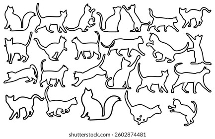 Collection of vector illustration of outline silhouette of cats in different poses. Hand-drawn illustrations for design and decoration of kids room, books of children, card, pattern, cover, fabric.