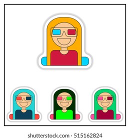 Collection of Vector illustration in paper sticker style girl at the Cinema theater in 3D glasses