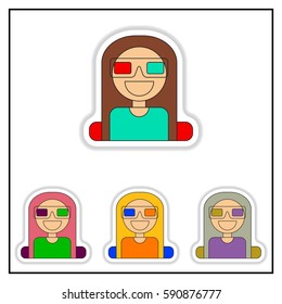 Collection of Vector illustration in paper sticker style girl at the Cinema theater in 3D glasses