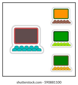 Collection of Vector illustration in paper sticker style Cinema auditorium with movie screen and seats