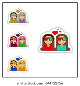 Collection of Vector illustration in paper sticker style girls at the Cinema theater in 3D glasses