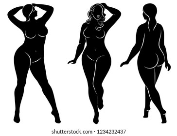 Collection. Vector illustration set of a silhouette of a woman with overweight. Black and white, different poses. A lady is standing in front and behind.