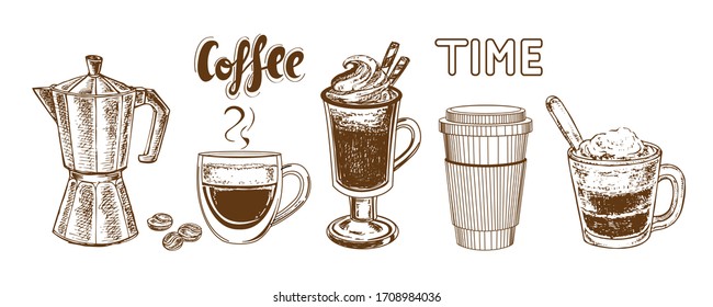 Collection of vector illustration sketch with coffee. Cappuccino, cocoa, latte on a white background