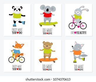 Collection of Vector illustration with sporty animals on bicycle, scateboard, roller scates with motivational quotes. Bear, koala, panda, rabbit, wolf, fox