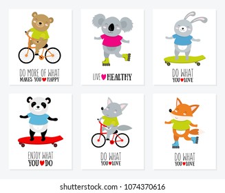 Collection of Vector illustration with sporty animals on bicycle, scateboard, roller scates with motivational quotes. Bear, koala, panda, rabbit, wolf, fox