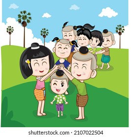 Ilustración vectorial de la colección juego de niños tailandeses (captando el último en la línea) en un fondo de palmera.