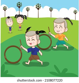 Collection vector illustration Thai children's play game (wheel rolling) on a palm tree background