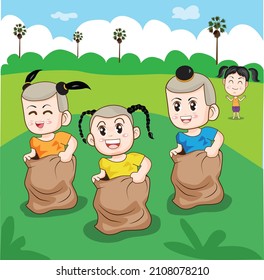 Collection vector illustration Thai children's play game (sack run) on a palm tree background.