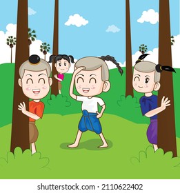 Collection vector illustration Thai children's play game (monkeys scrambling for posts) on a palm tree background.