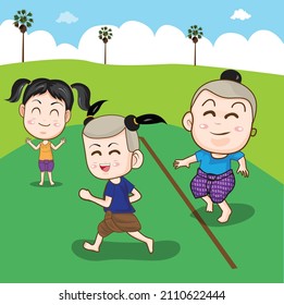 Collection vector illustration Thai children's play game (humming and tagging (kabaddi) on a palm tree background.