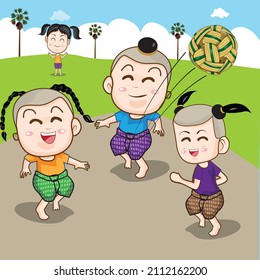 Imagen vectorial de colección juego de niños tailandeses (niños jugando takraw) sobre el fondo de una palmera.