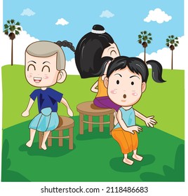 Collection Vector Illustration Thai Children's Play Game (musical Chair) On A Palm Tree Background.