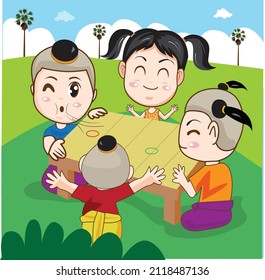 Sammlung, Vektorgrafik Thai-Kinderspiel (ein Spiel mit blühenden Gummibändern) auf Palmenhintergrund.