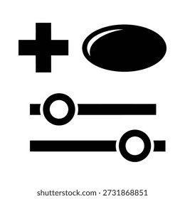Coleção de ferramentas de ilustração vetorial e ícones, incluindo sinal de adição, círculo, linha e ícones de controle deslizante. Perfeito para projetos de design e apresentações.
