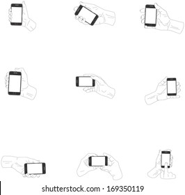Collection of vector illustration white hands holding smartphone