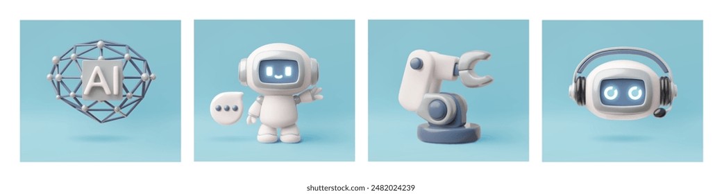 Collection vector illustrations 3d robots with artificial intelligence, created as assistants for the online support service, ideal for technological concepts.