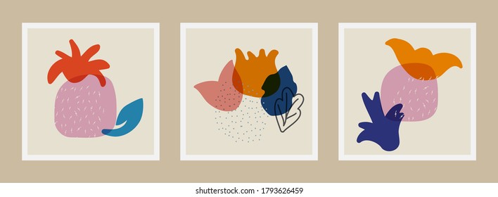 Colección de ilustraciones vectoriales con formas abstractas, flores, hojas, puntos, líneas en colores brillantes. Composición vectorial contemporánea dibujada a mano para afiches, diseño interior, publicaciones en medios sociales, etc