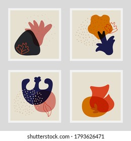 Collection of vector illustrations with abstract shapes, flowers, leaves, dots, lines in bright colors. Hand drawn contemporary vector composition for posters,  interior design, social media post etc