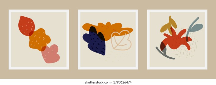 Collection of vector illustrations with abstract shapes, flowers, leaves, dots, lines in bright colors. Hand drawn contemporary vector composition for posters,  interior design, social media post etc