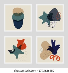Sammlung von Vektorgrafiken mit abstrakten Formen, Blumen, Blättern, Punkten, Linien in hellen Farben. Handgezeichnete zeitgenössische Vektorzusammensetzung für Poster, Innenarchitektur, Social Media Post usw.