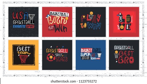 A collection of vector illustrations for American basketball. Motivation quotes, slogan, grunge. Sport fashion print for t-shirt, text: born to win, play to win, dude. Handwritten Modern lettering.