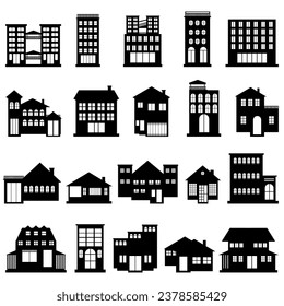 Collection of vector illustrations of apartment residential building silhouettes