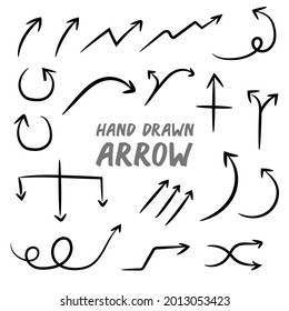 A collection of vector illustrations of arrow shapes in a hand drawn style. Perfect for design elements from infographics, signposts, and strategies. Dynamic set of arrow icons.