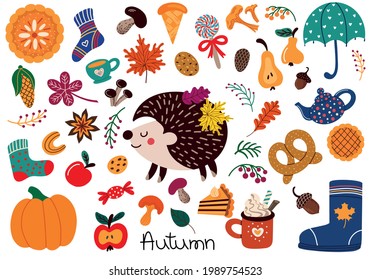 Collection of vector illustrations of assorted colorful elements representing autumn concept including leaves and harvest and food isolated on white background