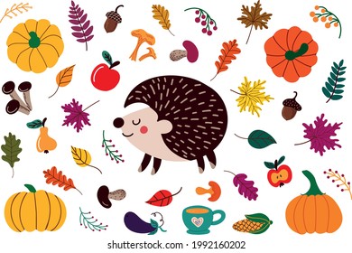 Recopilación de ilustraciones vectoriales de diversos elementos coloridos que representan el concepto otoñal, incluidas las hojas y la cosecha y los alimentos aislados en fondo blanco