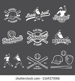 Collection of vector illustrations of Baseball team competition logos and insignias in grunge vintage style presented with a set of baseball equipment illustrations.